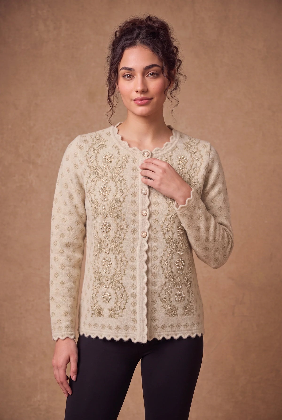 Ivory Scalloped Blossom Knitted Cardigan 1