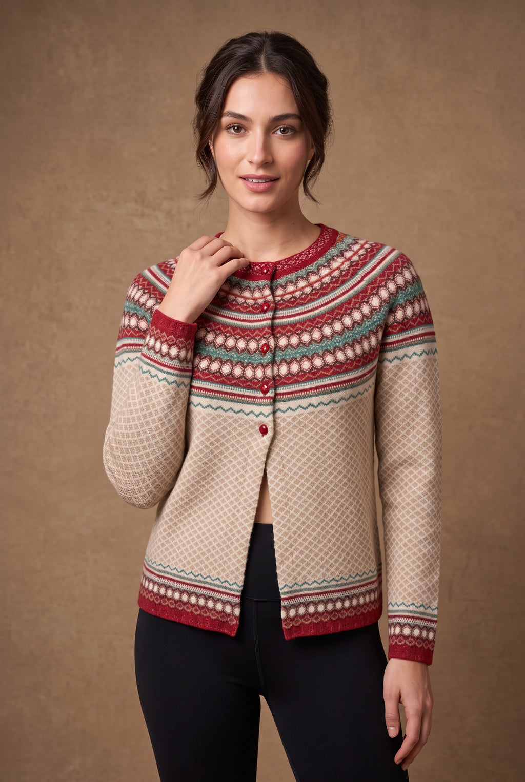 Lachi Women's Berry Fair Isle Yoke Knitted Cardigan