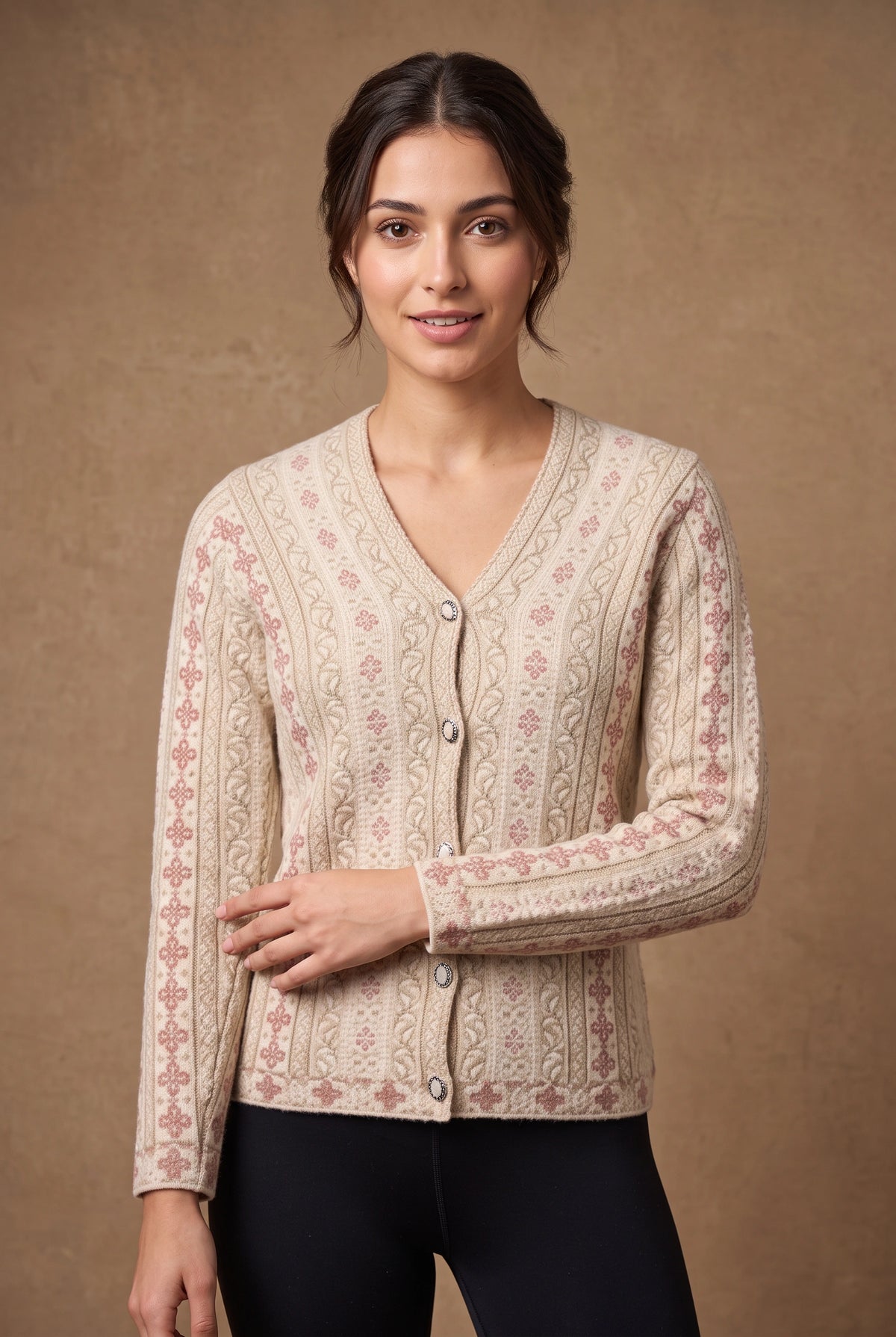 Lachi Women's Beige Fern Nylon Acrylic Cardigan