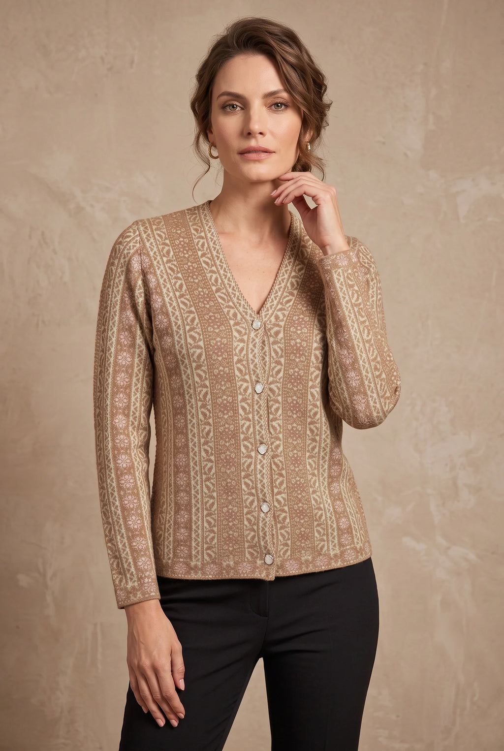 Beige Jacquard Knitted Cardigan 3
