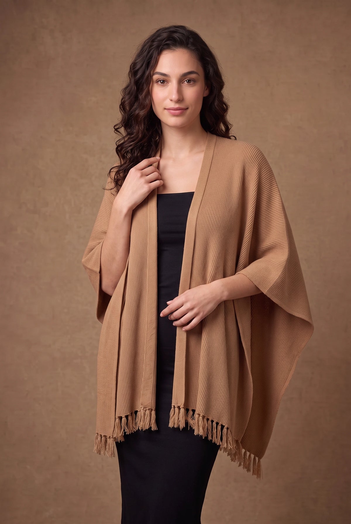 Lachi Women's Camel Ribbed Knit Tasseled Poncho Cape