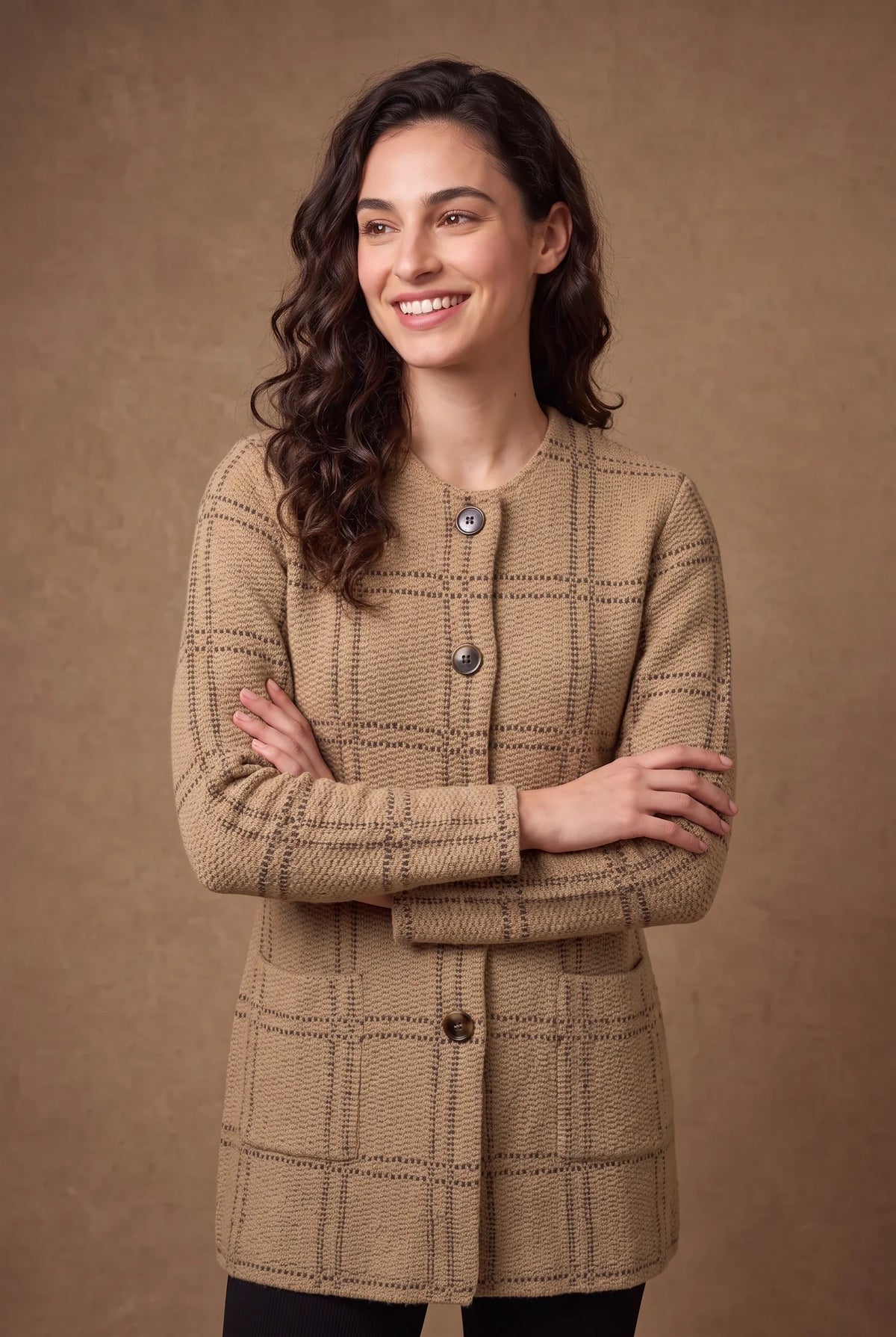 Camel Windowpane Check Knitted Cardigan 2