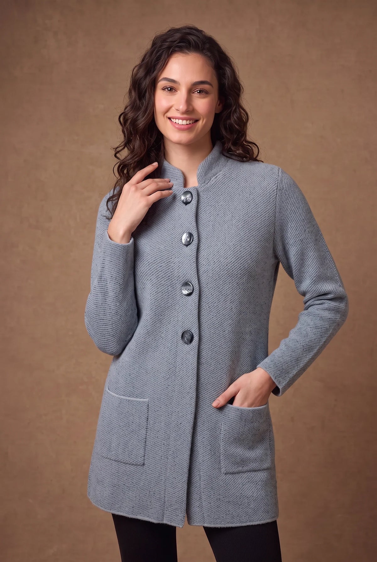 Grey Mandarin Collar Longline Knitted Cardigan 1