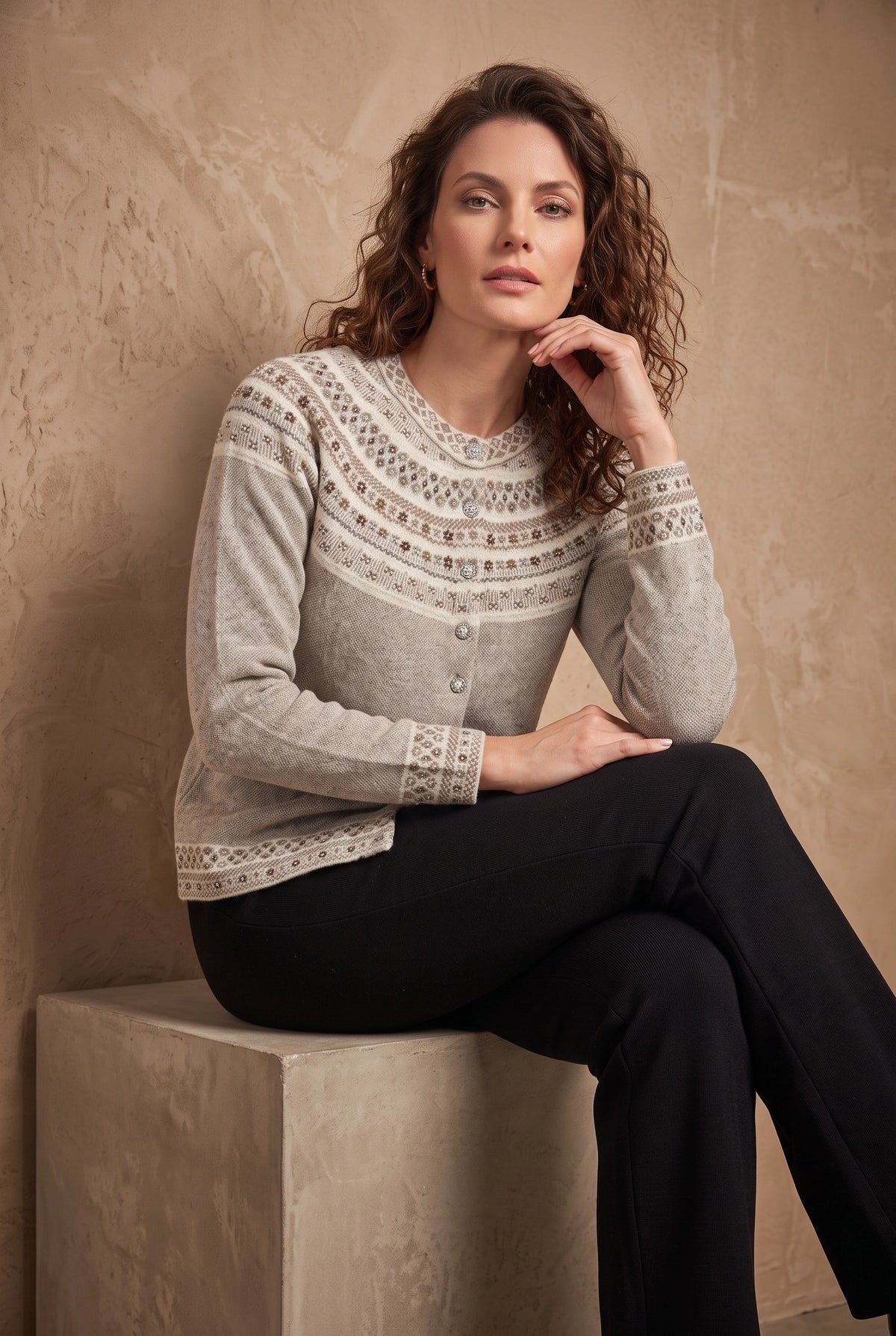 Lachi Women's Oatmeal Alpine Yoke Acrylic Knit Cardigan
