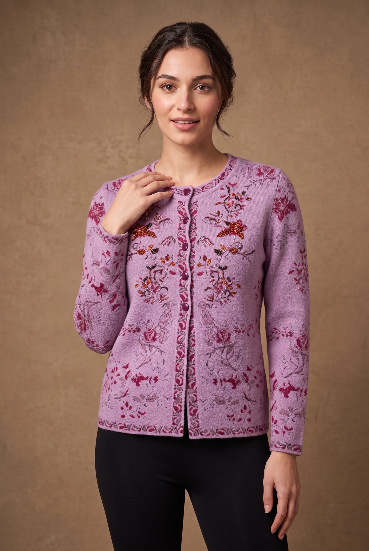 Lachi Women's Lilac Beaded Rose Jacquard Knitted Cardigan
