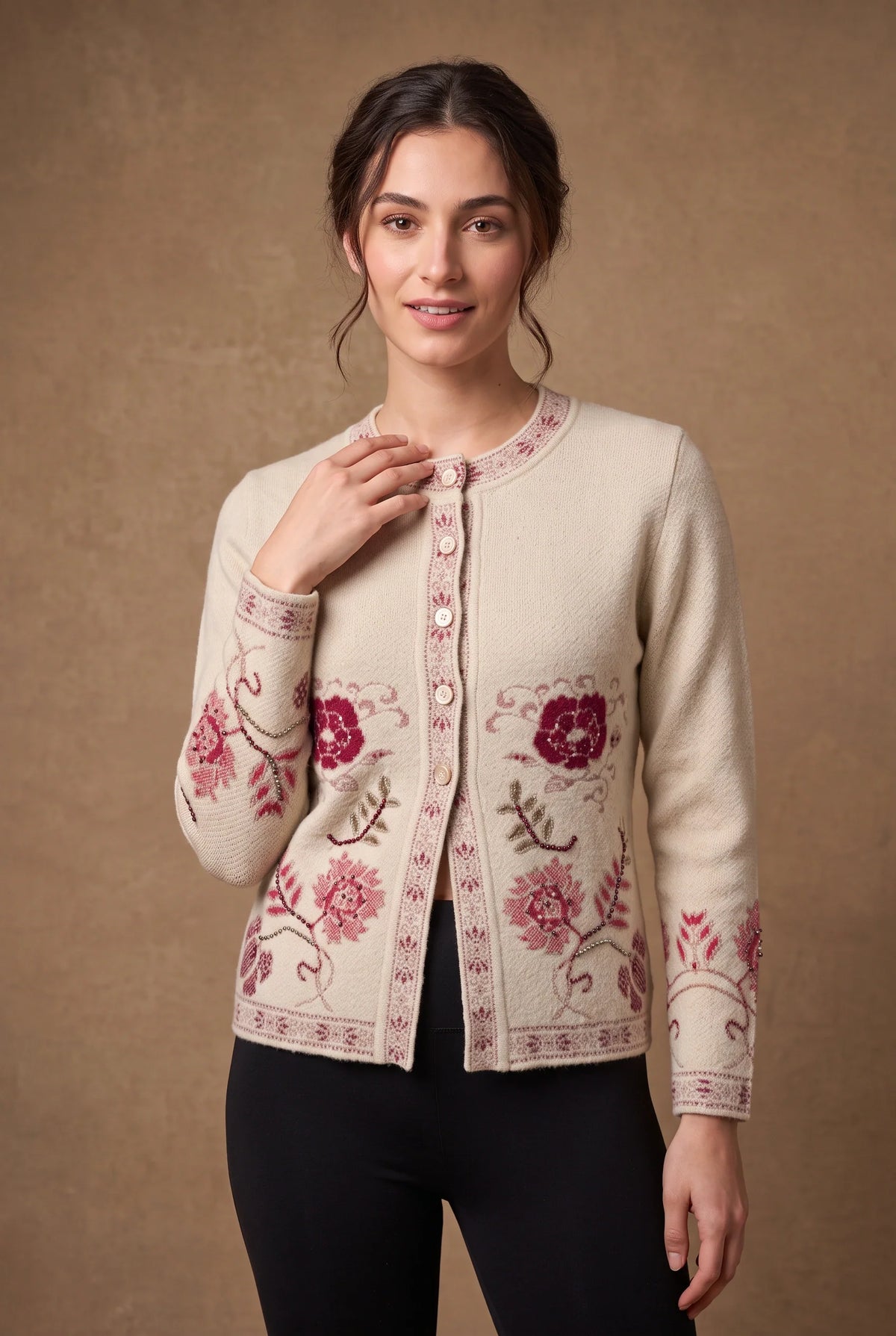 Cream Beaded Bloom Jacquard Knitted Cardigan 1