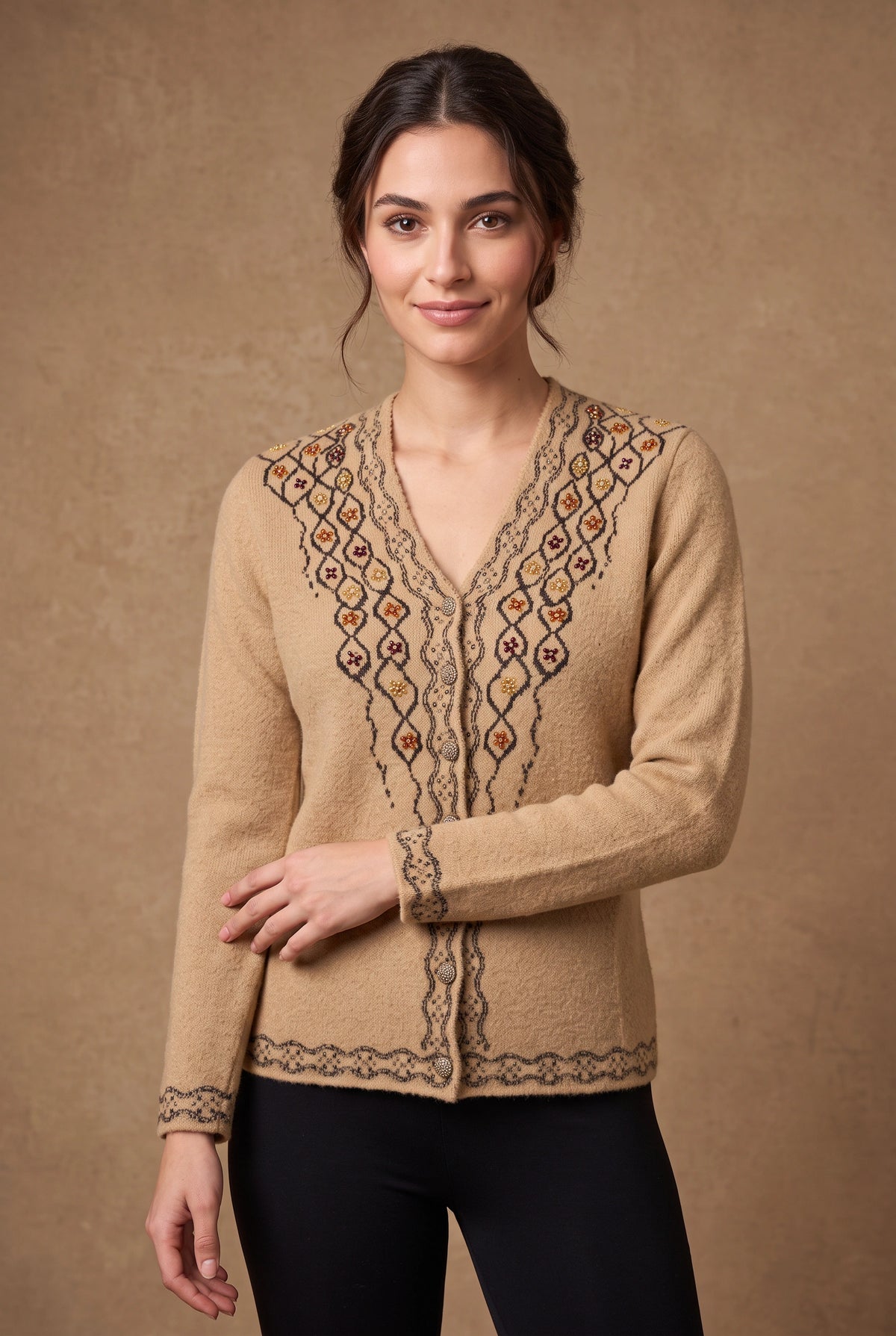 Lachi Women's Beige Ikat Pattern Knitted Cardigan
