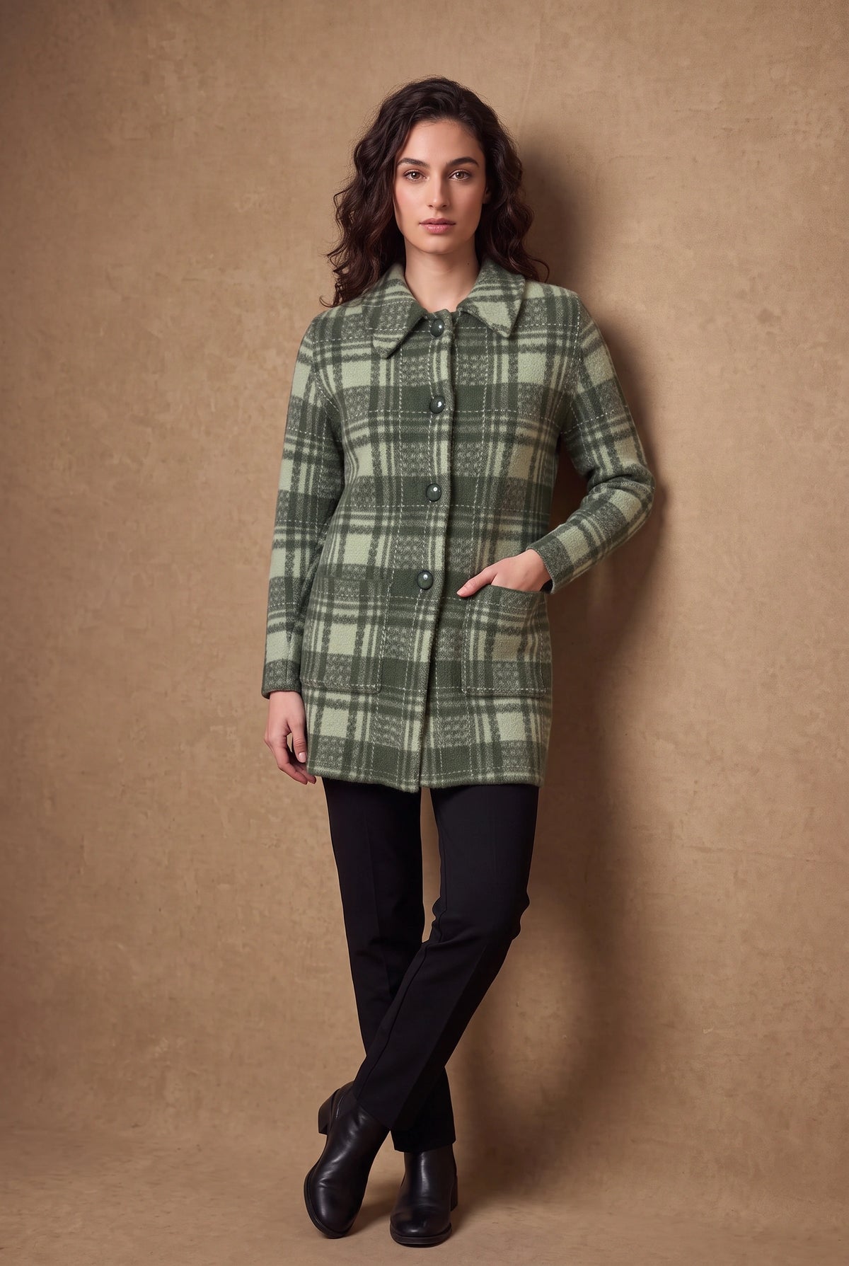 Lachi Women's Plaid Collared Longline Knitted Cardigan