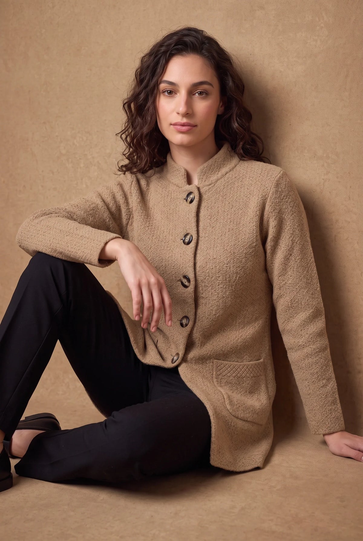 Camel Textured Stand Collar Coatigan 1