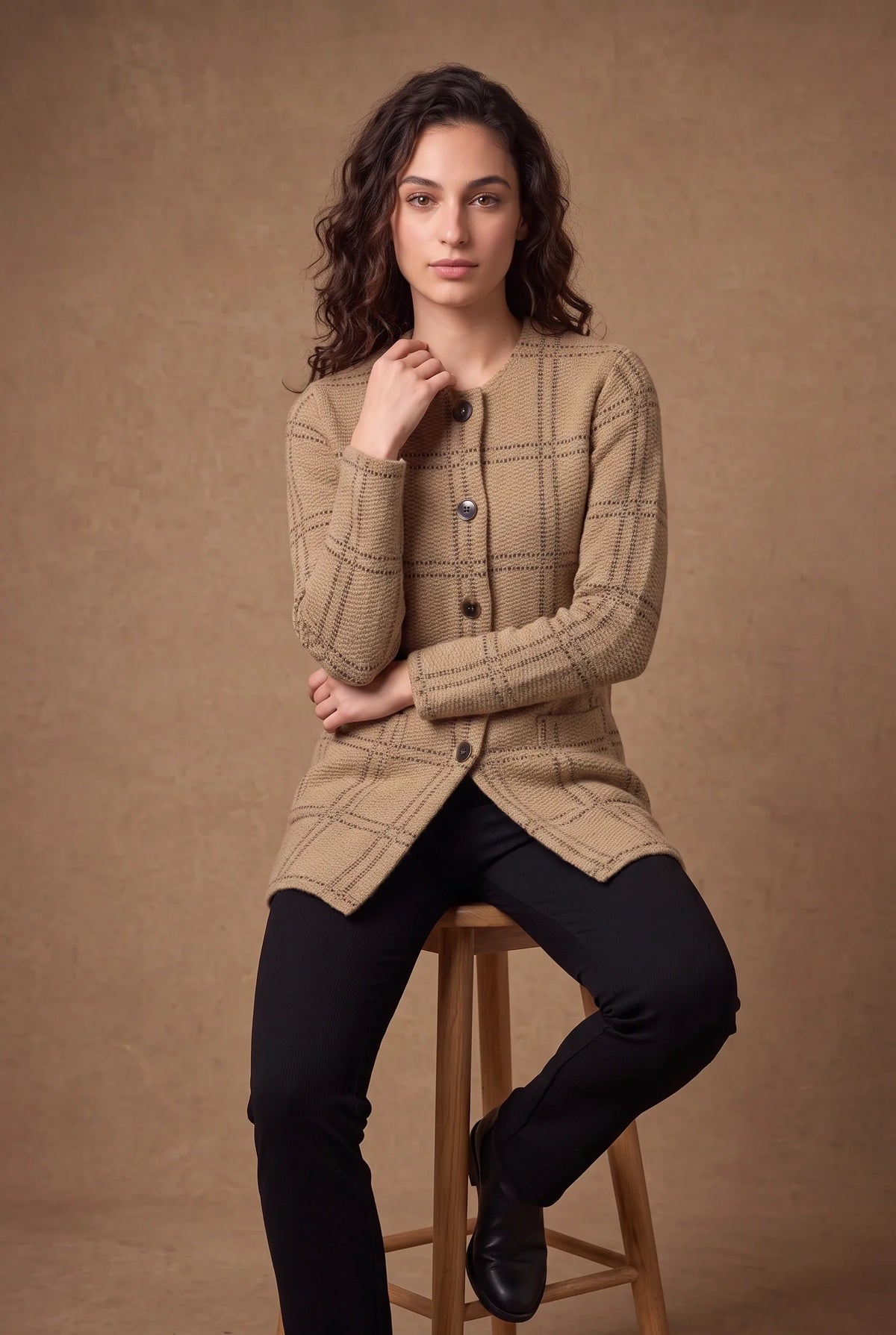 Camel Windowpane Check Knitted Cardigan 1