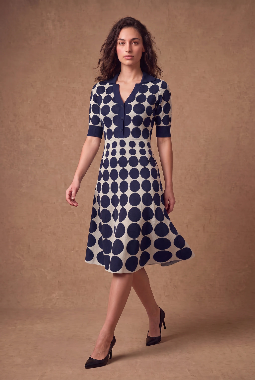 Yarn-Knitted Polka Dot Midi Dress