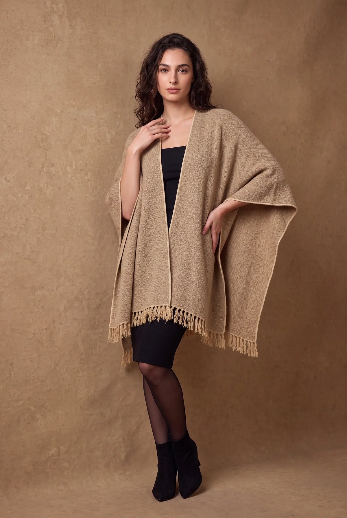 Beige Tweed Fringed Poncho 1