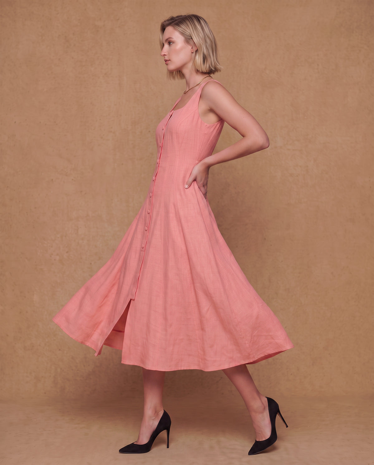 Lachi Women's Coral Viscose Blend Button-Front Midi Dress