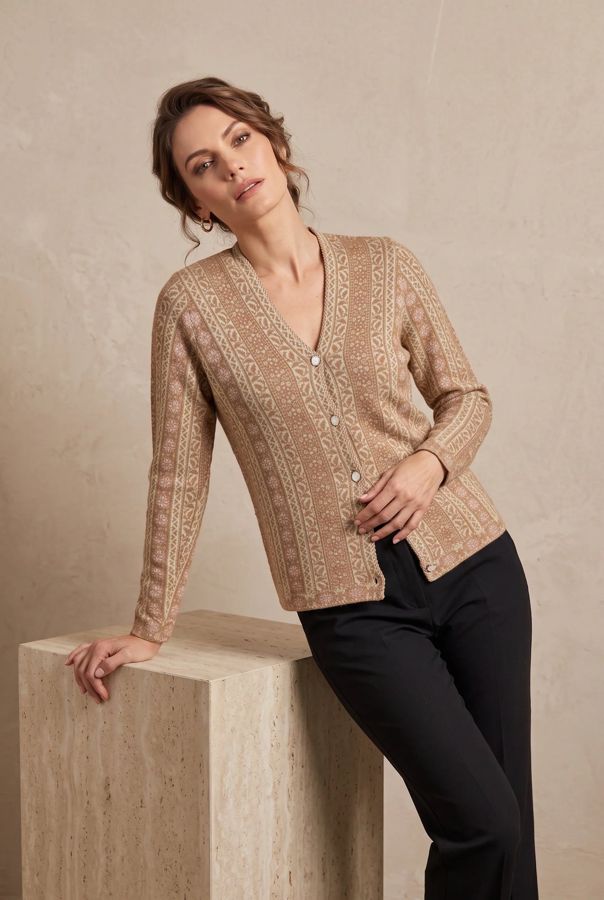 Beige Jacquard Knitted Cardigan 1