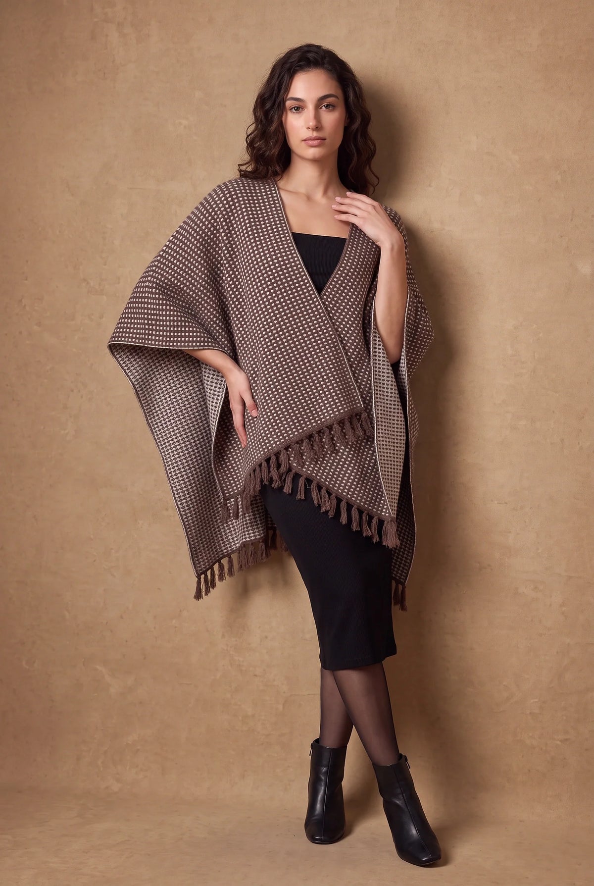Brown Houndstooth Check Fringed Poncho 1