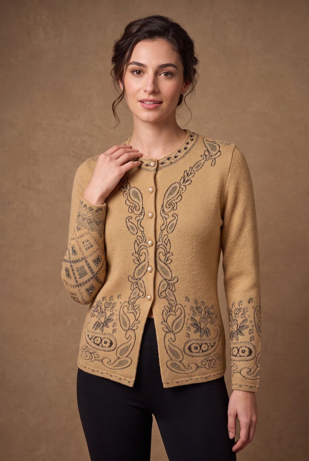 Lachi Women's Camel Paisley Frame Jacquard Knitted Cardigan