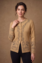 Lachi Women's Camel Paisley Frame Jacquard Knitted Cardigan