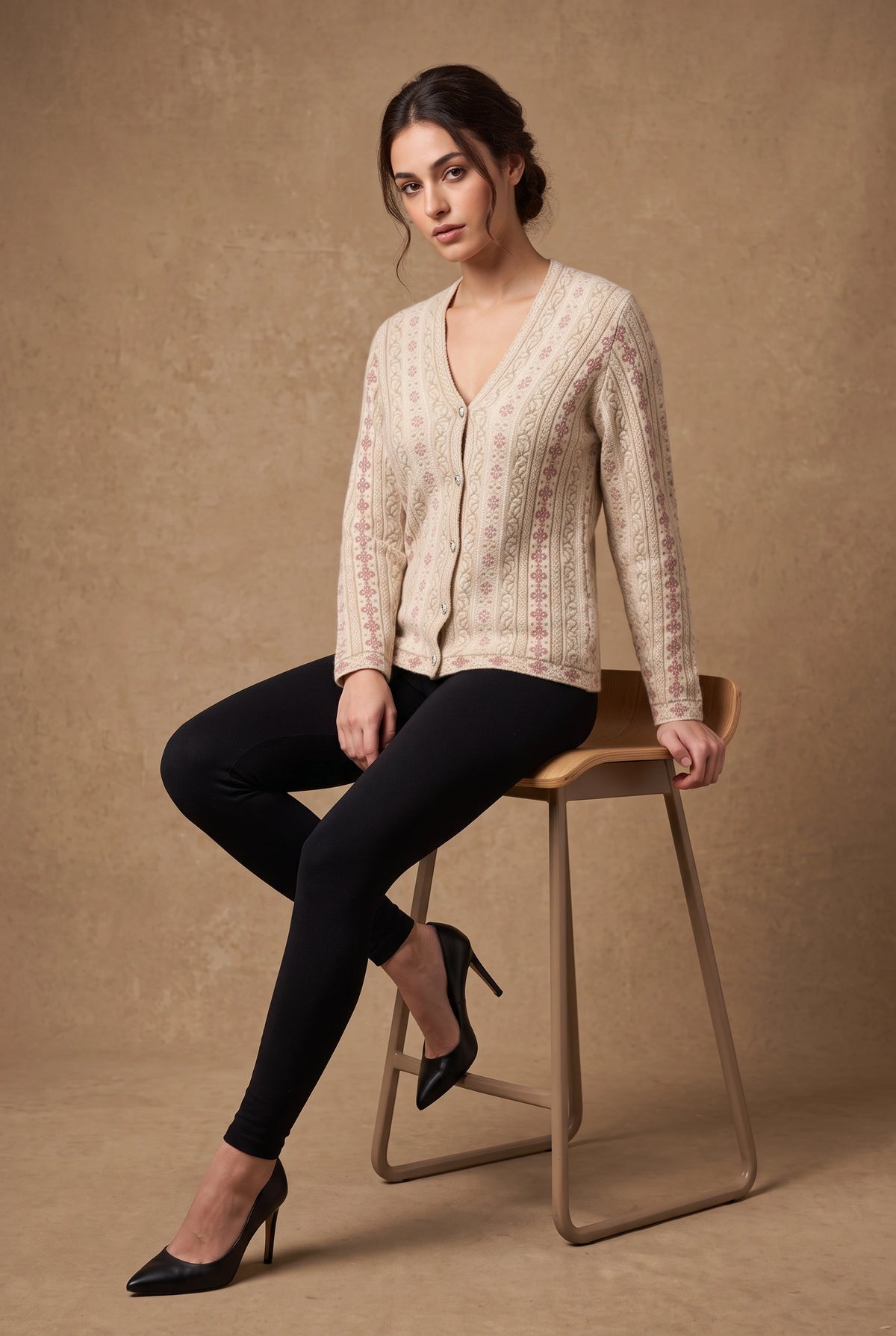 Lachi Women's Beige Fern Nylon Acrylic Cardigan