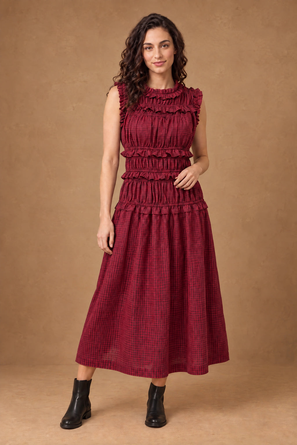Lachi Women's Emerald Green Cotton Tiered Ruffle Maxi Dress
