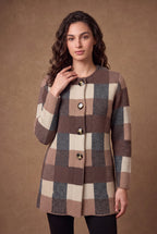 Lachi Women's Mocha Block Check Longline Knitted Cardigan
