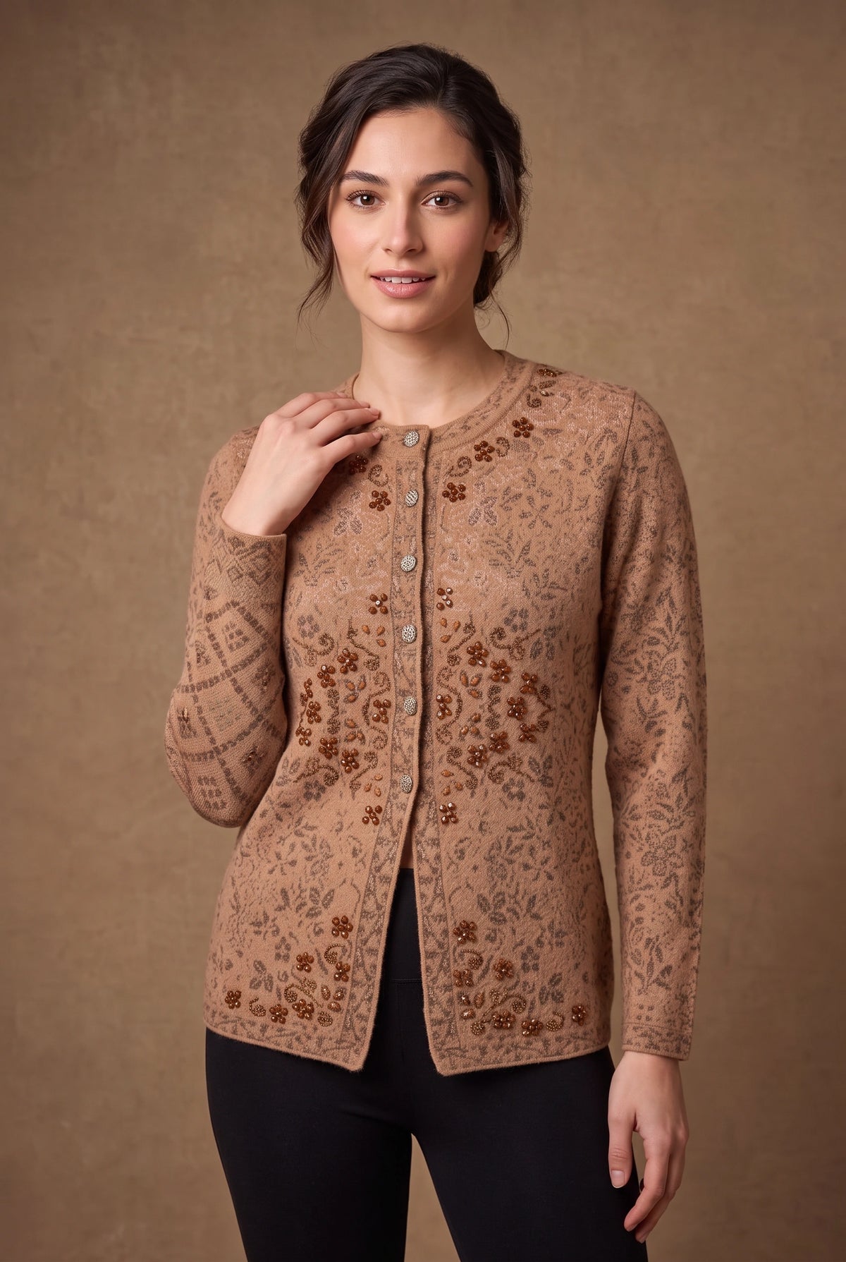Lachi Women's Tan Beaded Acrylic Knit Cardigan
