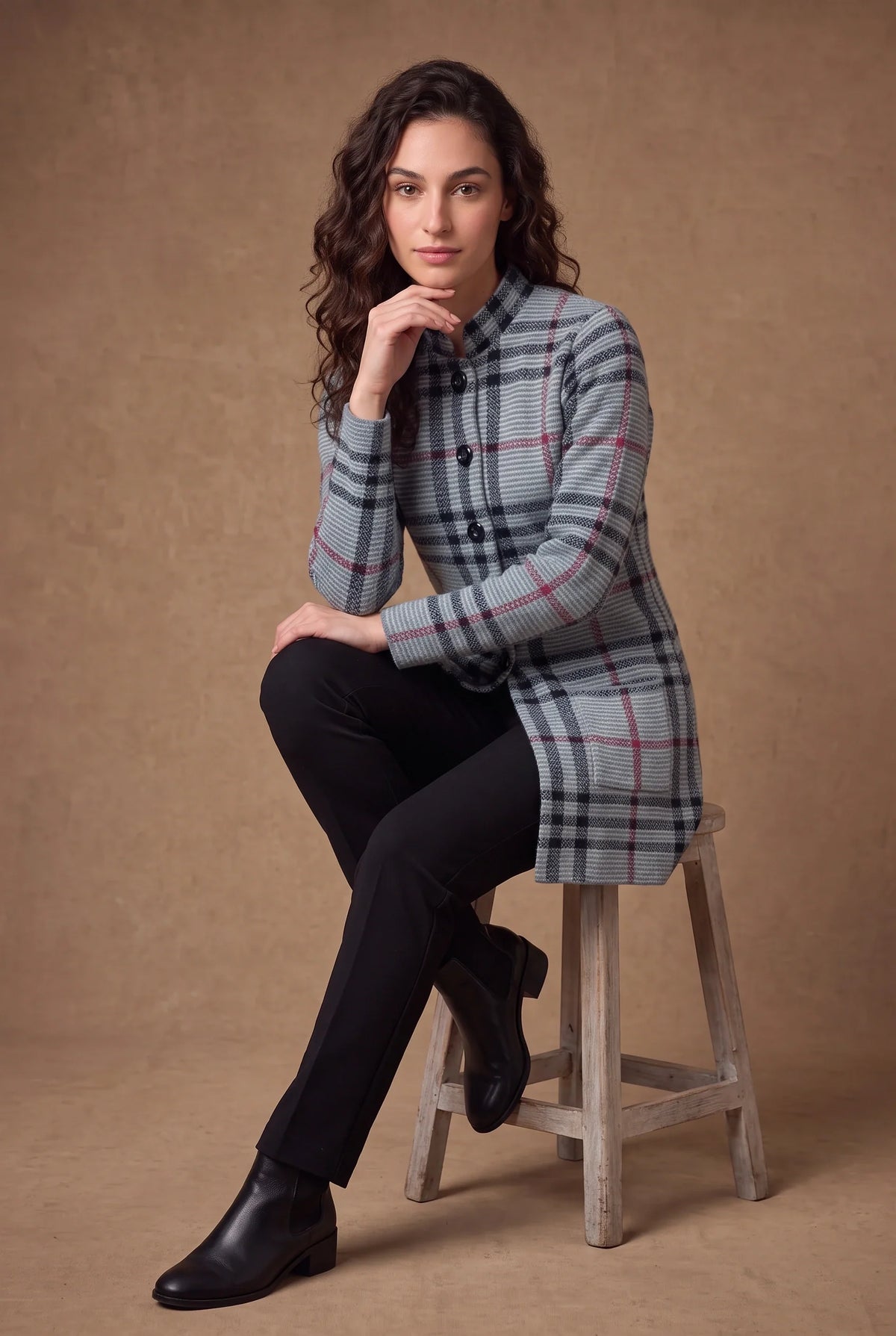 Grey Tartan Check Longline Knitted Cardigan 1