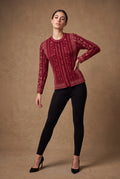 Lachi Women's Maroon Embroidered Vine Jacquard Knitted Cardigan