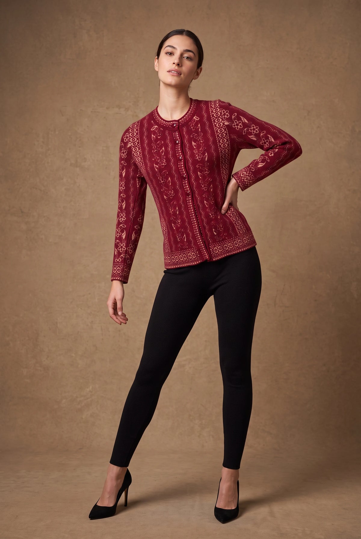 Lachi Women's Maroon Embroidered Vine Jacquard Knitted Cardigan