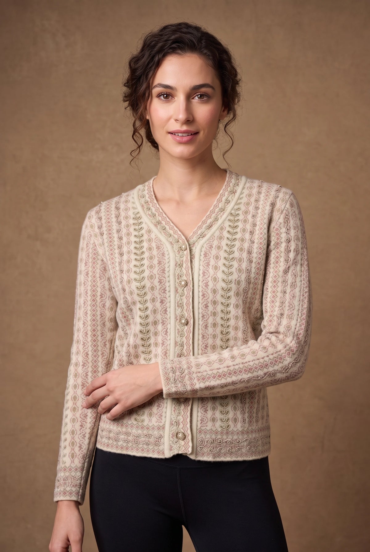 Lachi Women's Cream Rose Sage Stripe V-Neck Knitted Cardigan