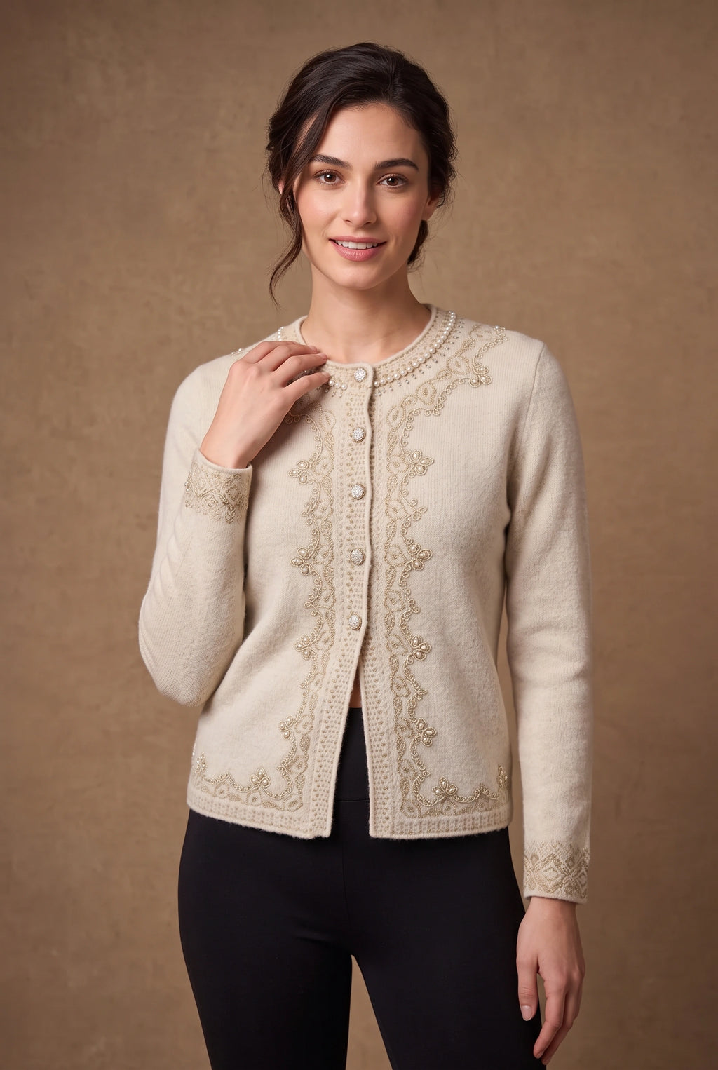 Lachi Women's Ivory Pearl Lace Panel Knitted Cardigan