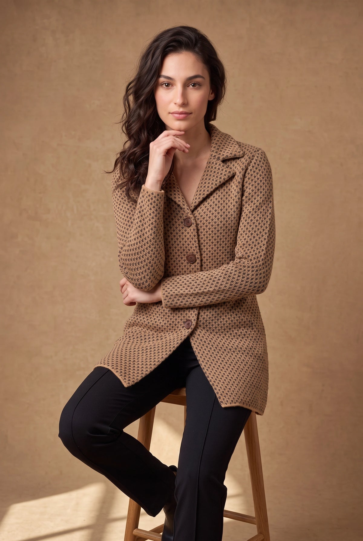 Lachi Women's Camel Birdseye Knitted Cardigan
