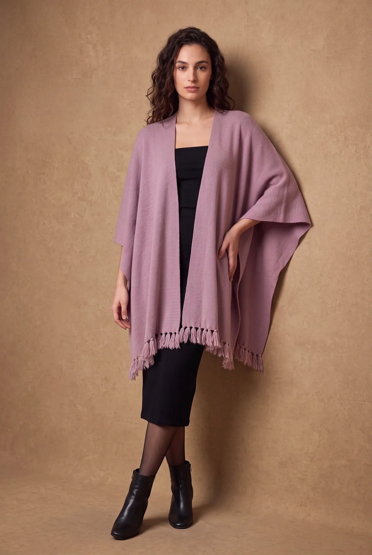 Mauve Tasseled Poncho Cape 1
