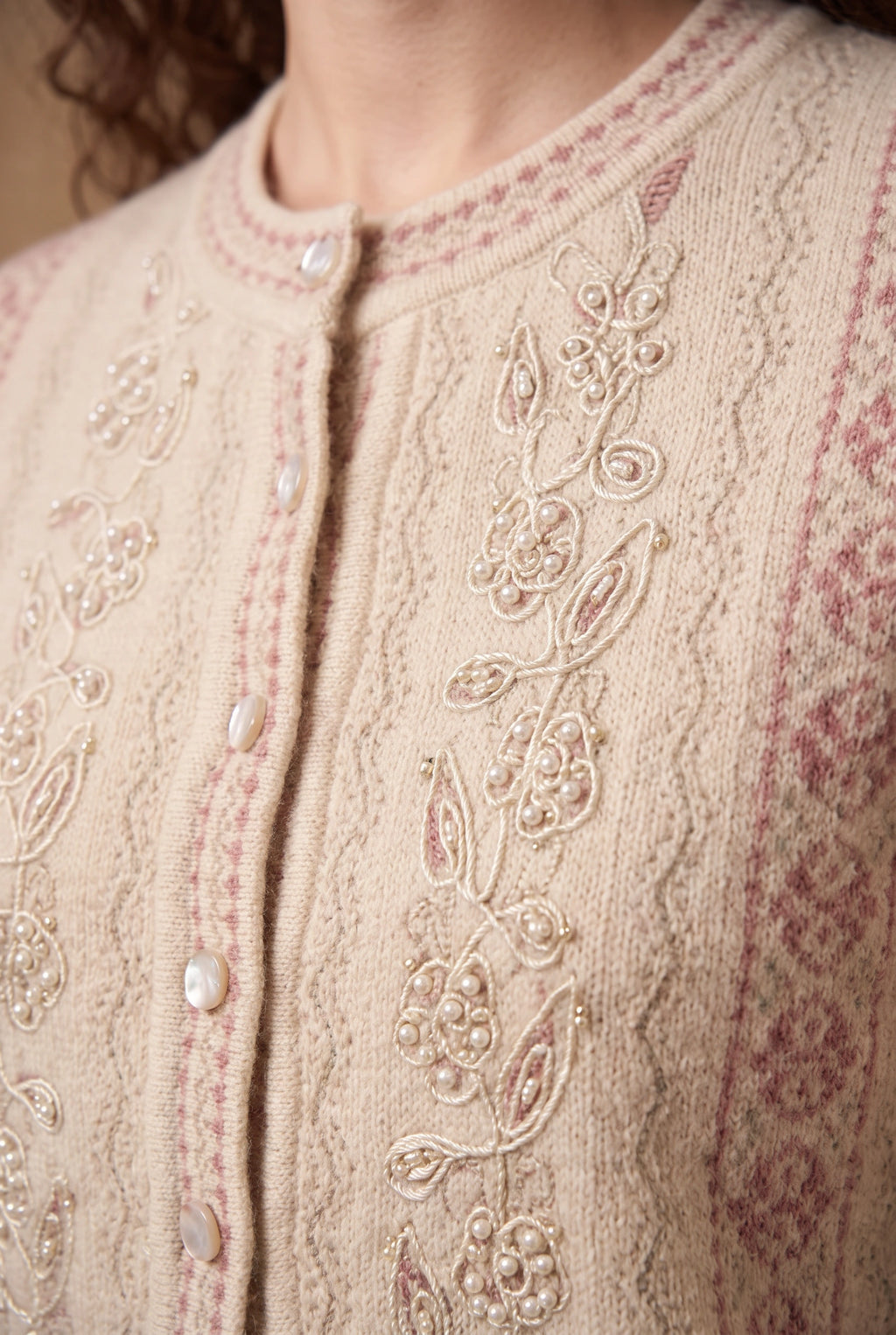 Lachi Women's Cream Pearl Vine Embroidered Knitted Cardigan