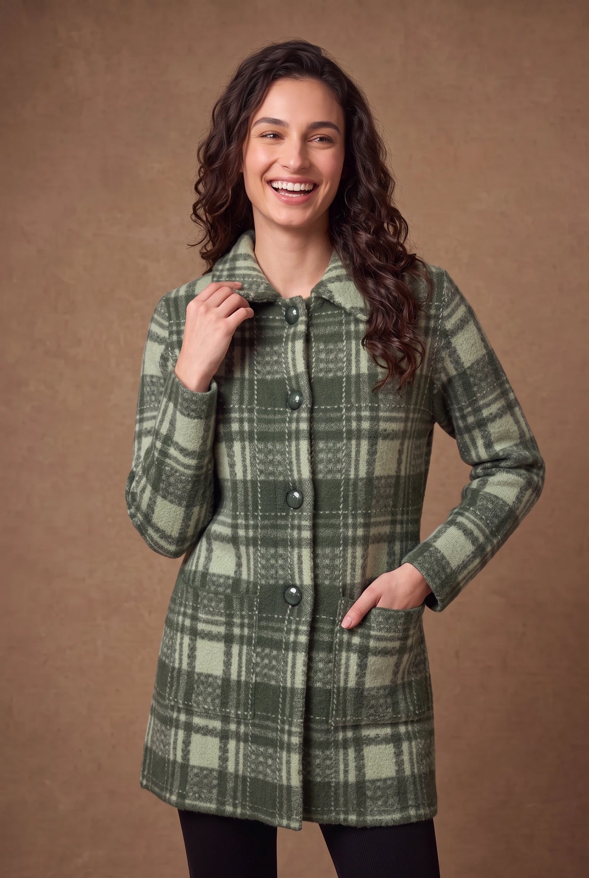 Lachi Women's Plaid Collared Longline Knitted Cardigan