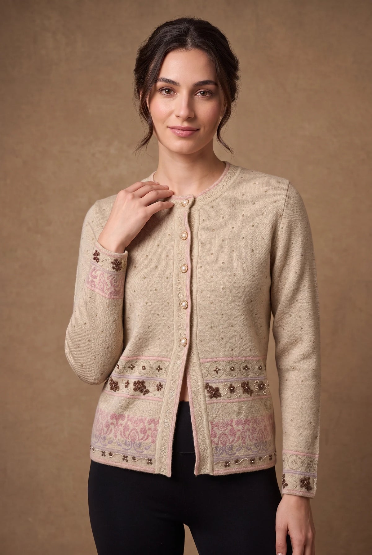 Camel Jacquard Knitted Cardigan 1