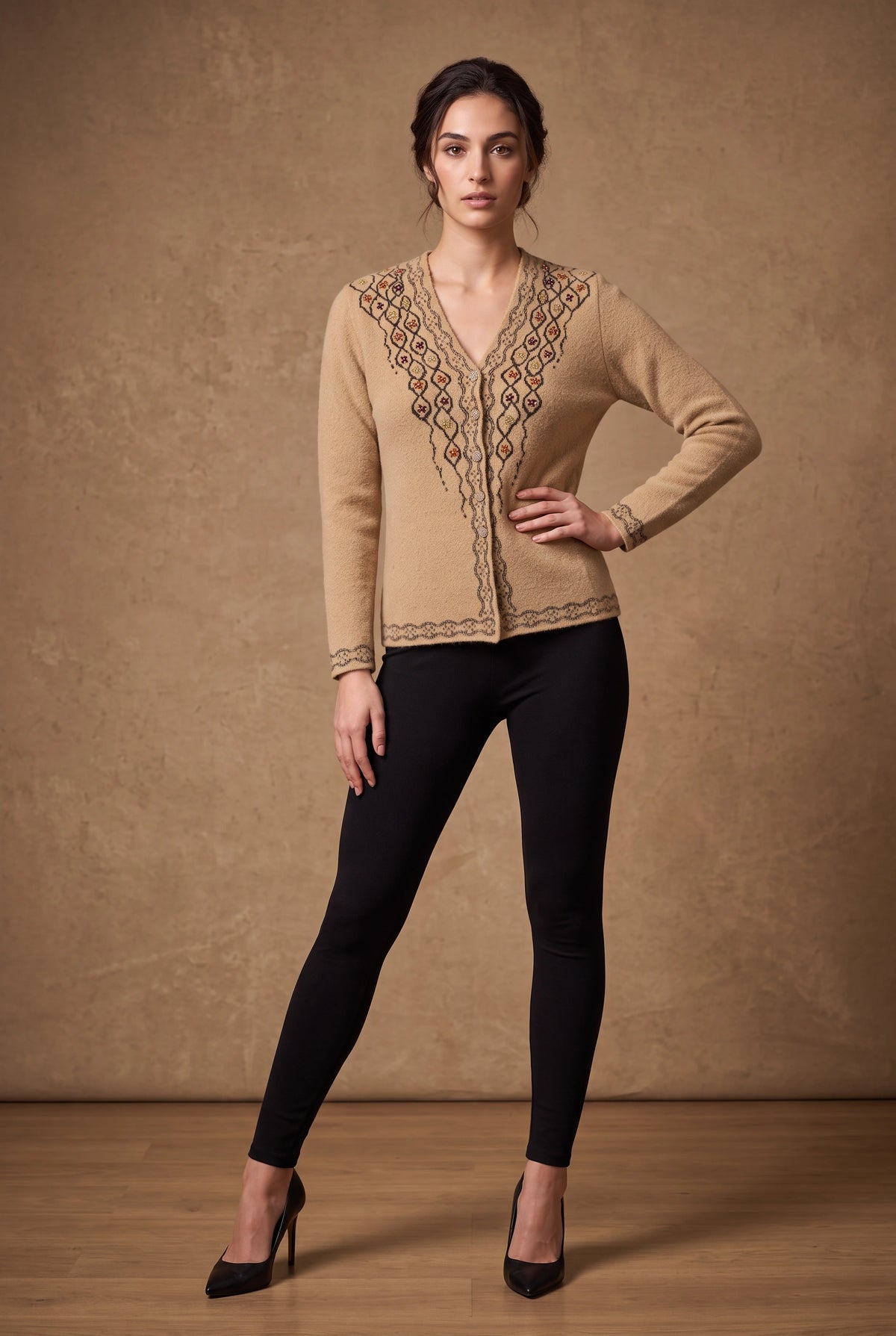 Lachi Women's Beige Ikat Pattern Knitted Cardigan
