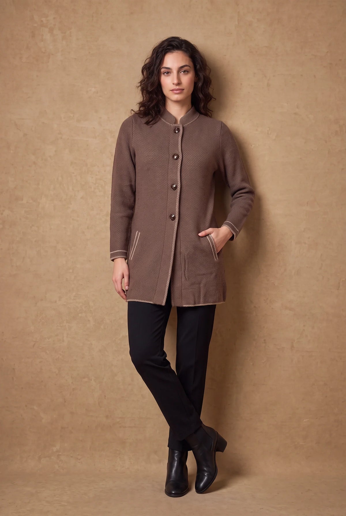 Cocoa Brown Contrast Trim Longline Knitted Cardigan 1