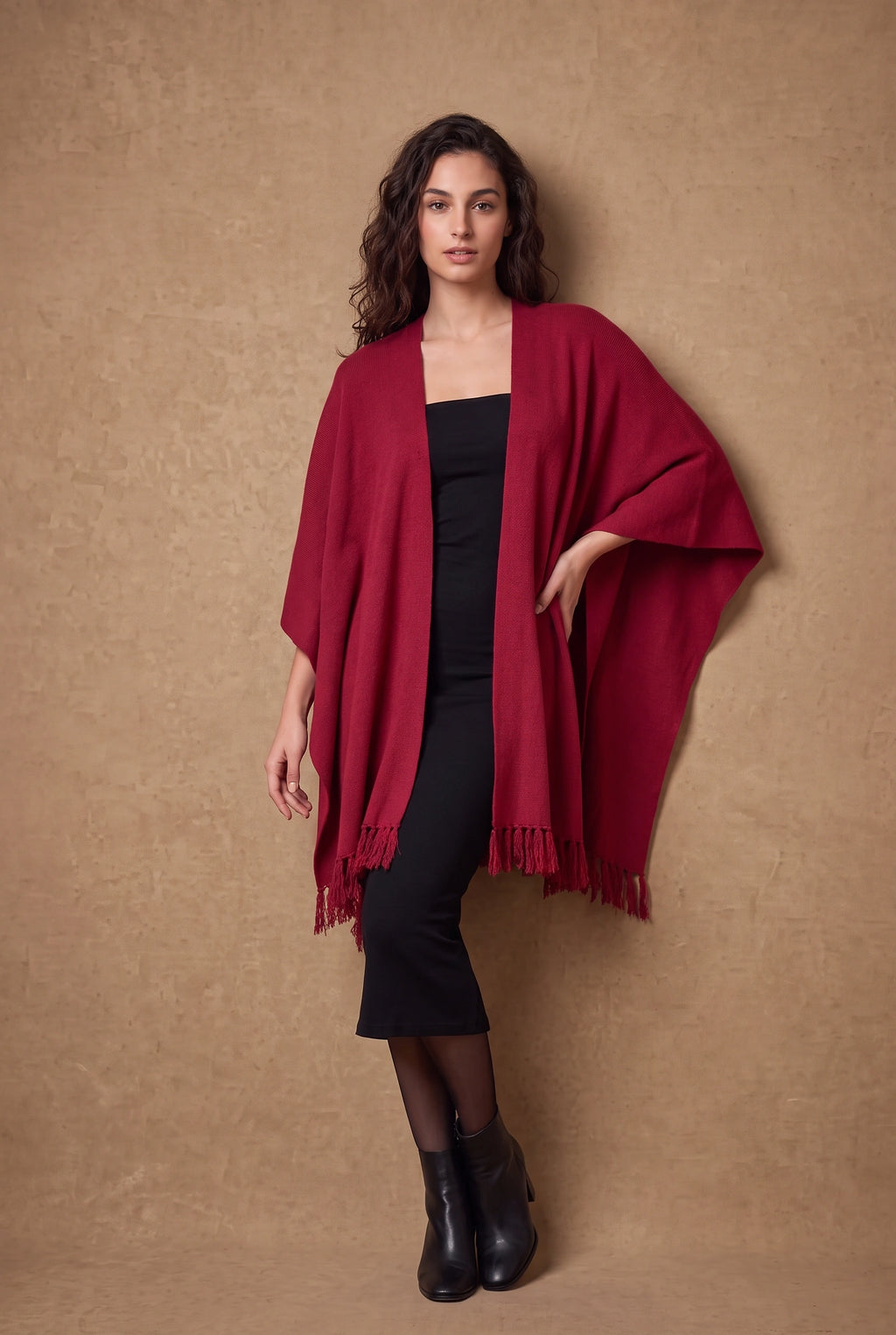 Lachi Women's Plain Knit Tasseled Poncho Cape
