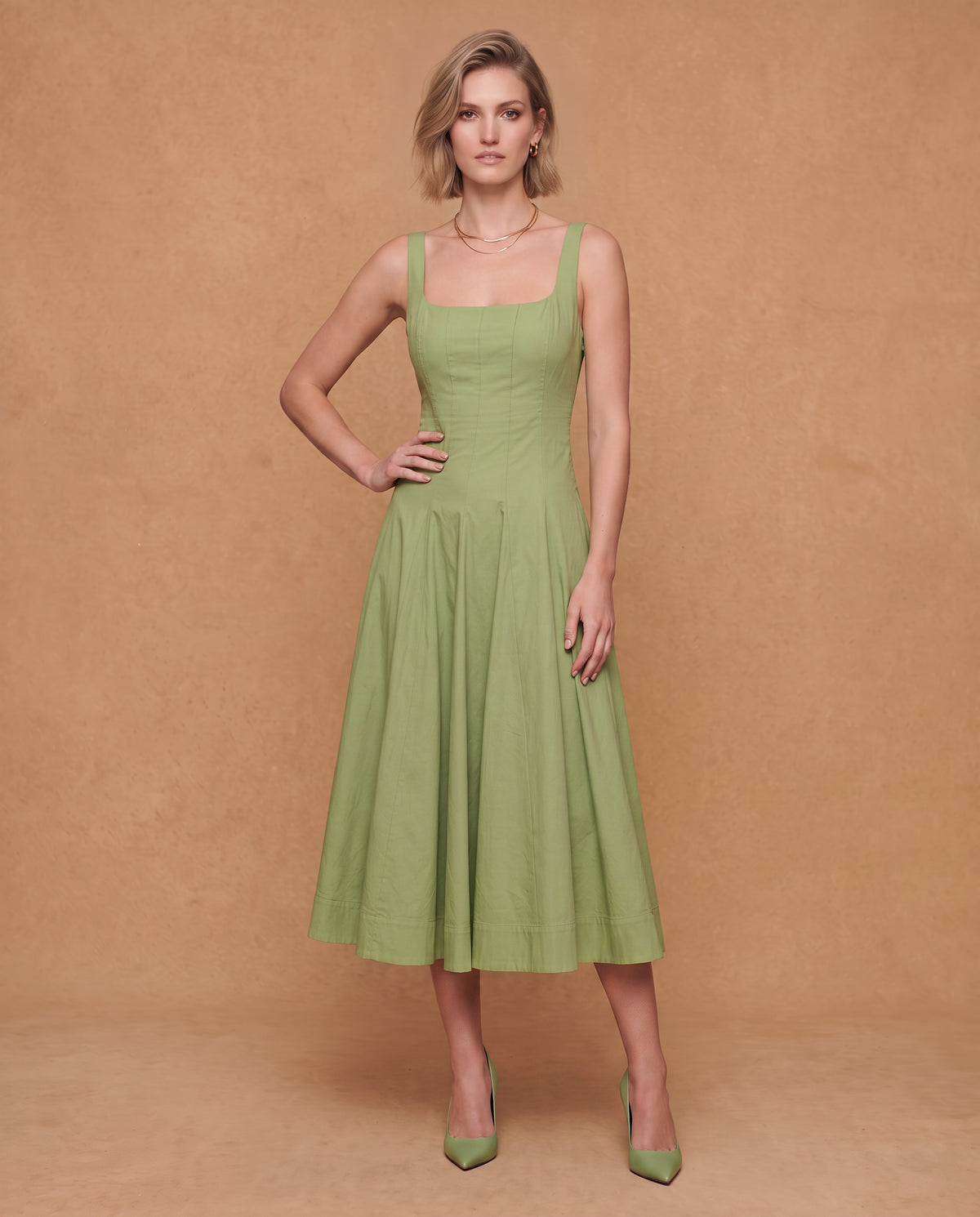 Marigold / Jade Pleated Poplin Midi Dress