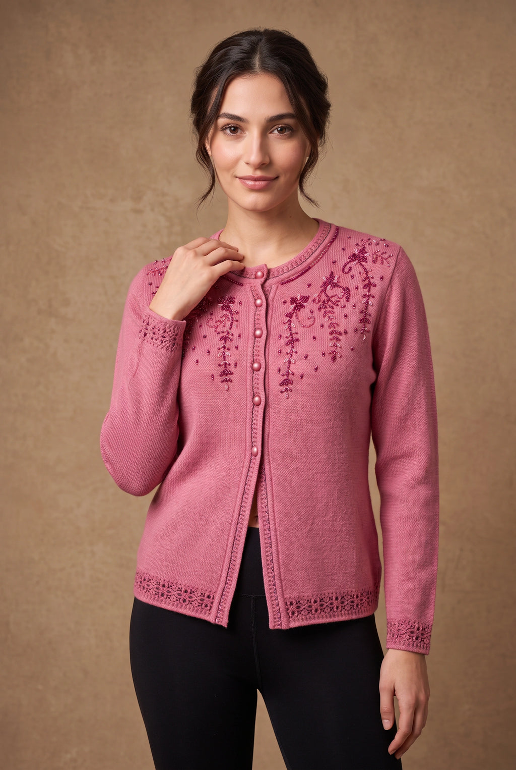 Lachi Women's Pink Beaded Yoke Knitted Cardigan