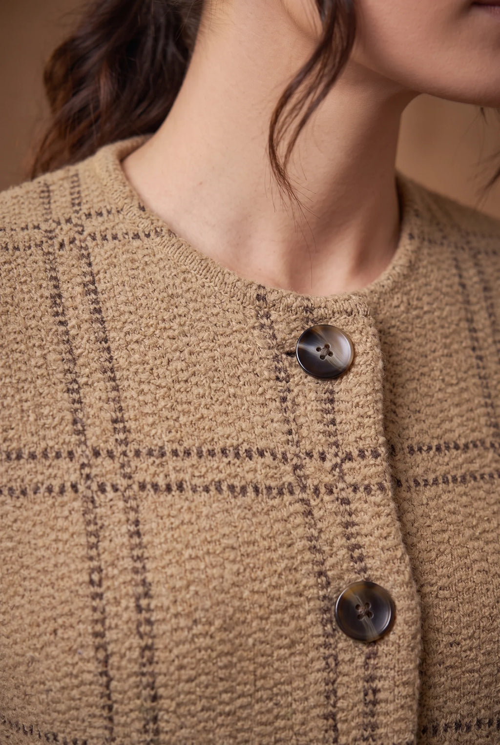 Camel Windowpane Check Knitted Cardigan 4