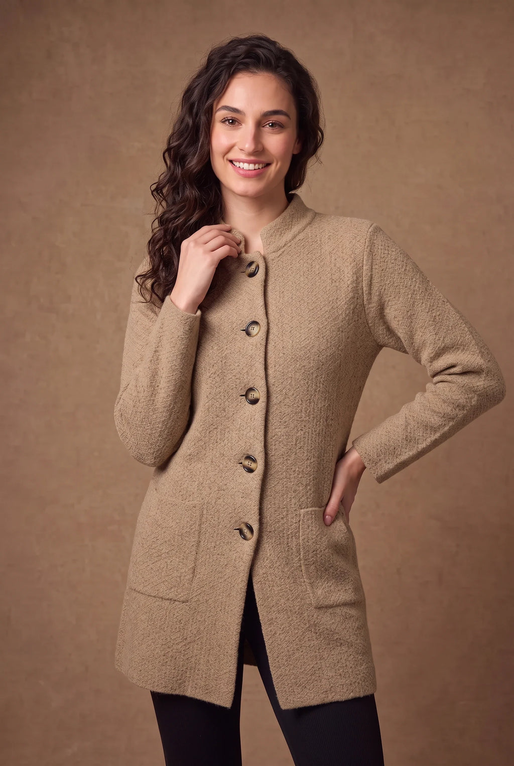 Camel Textured Stand Collar Coatigan 4
