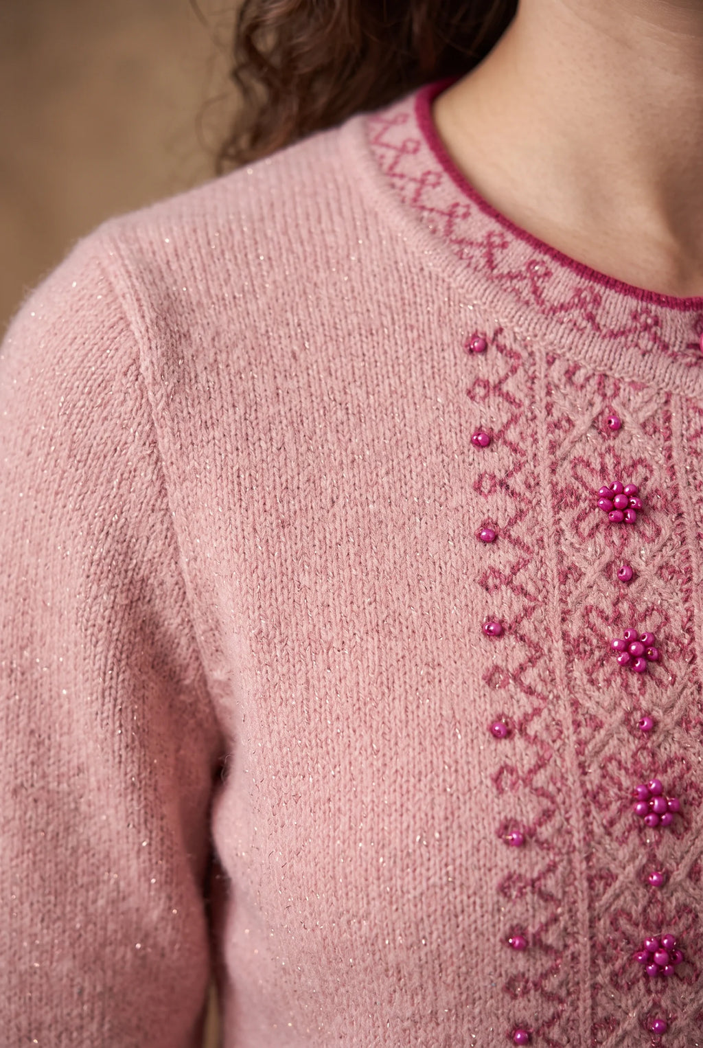 Dusty Pink Beaded Jacquard Panel Knitted Cardigan 4