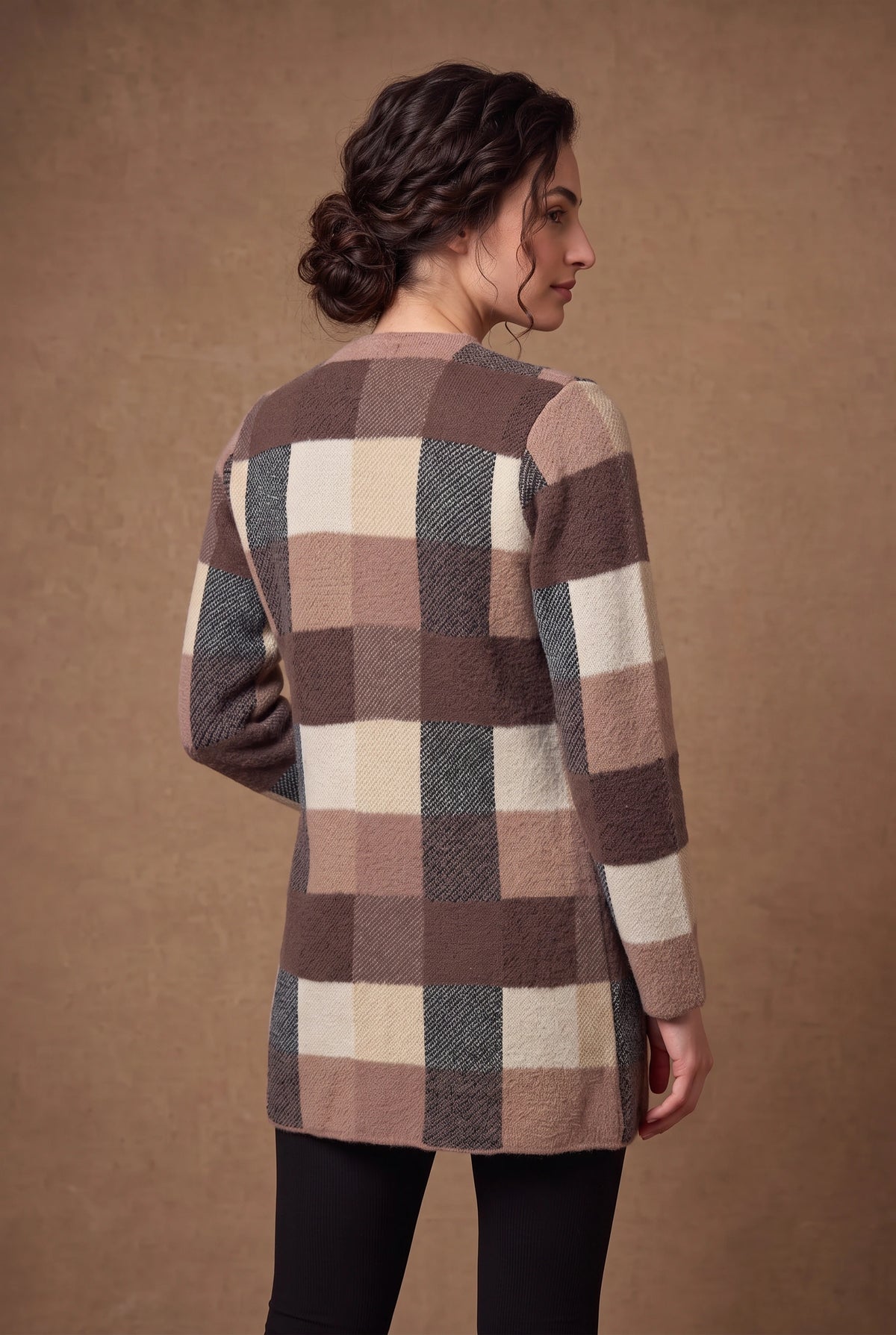 Lachi Women's Mocha Block Check Longline Knitted Cardigan