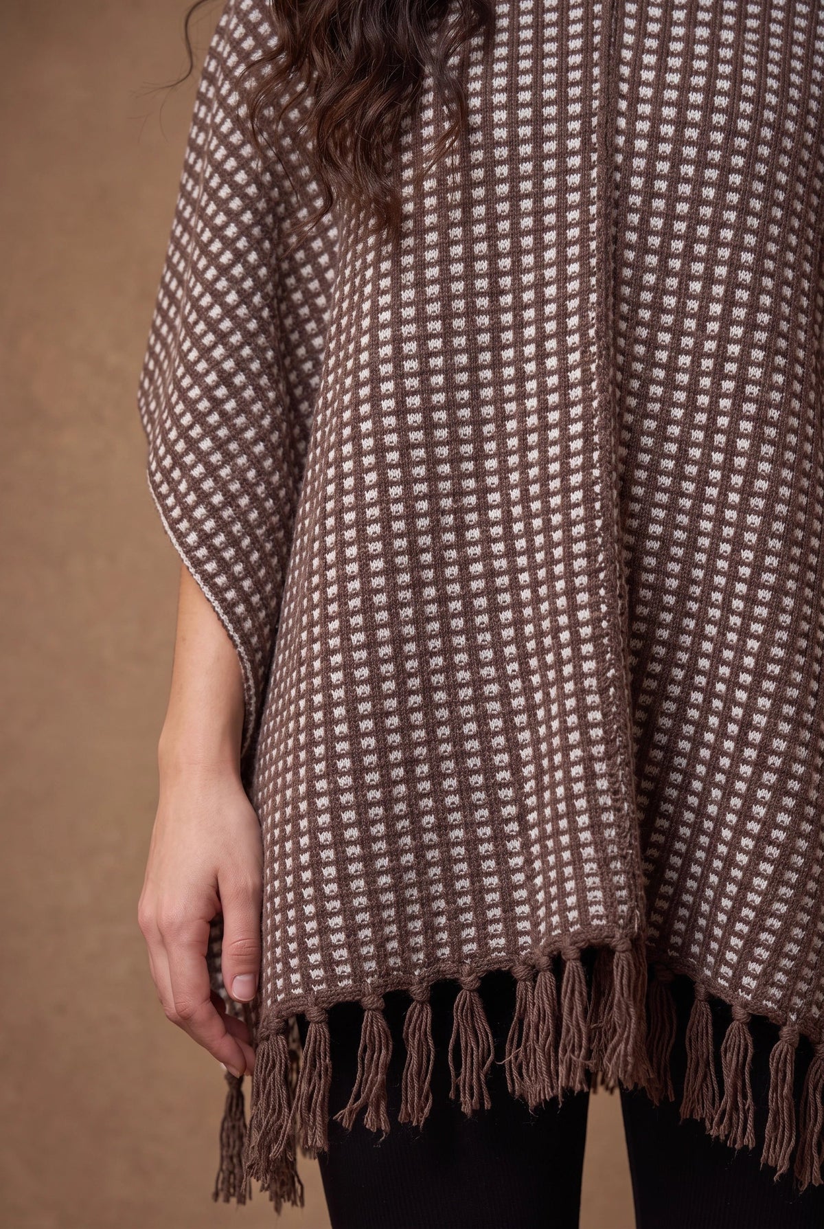 Brown Houndstooth Check Fringed Poncho 2