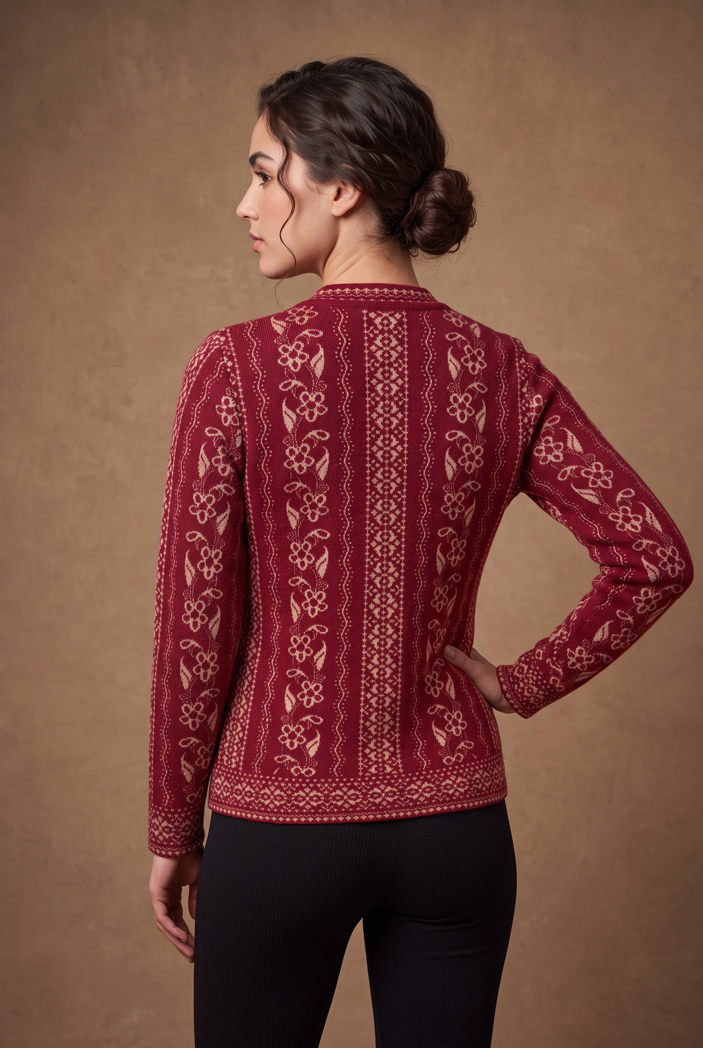 Lachi Women's Maroon Embroidered Vine Jacquard Knitted Cardigan