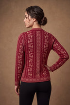 Lachi Women's Maroon Embroidered Vine Jacquard Knitted Cardigan