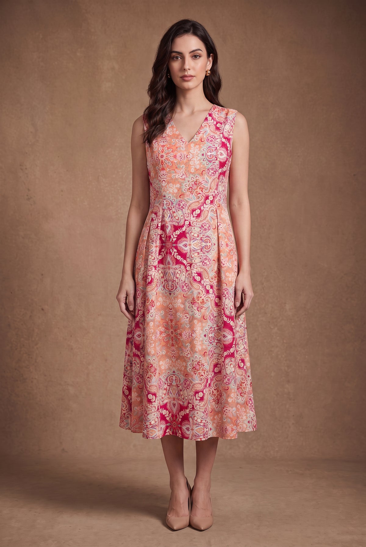 Lachi Women's Coral Paisley Print Viscose Sleeveless Midi Dress