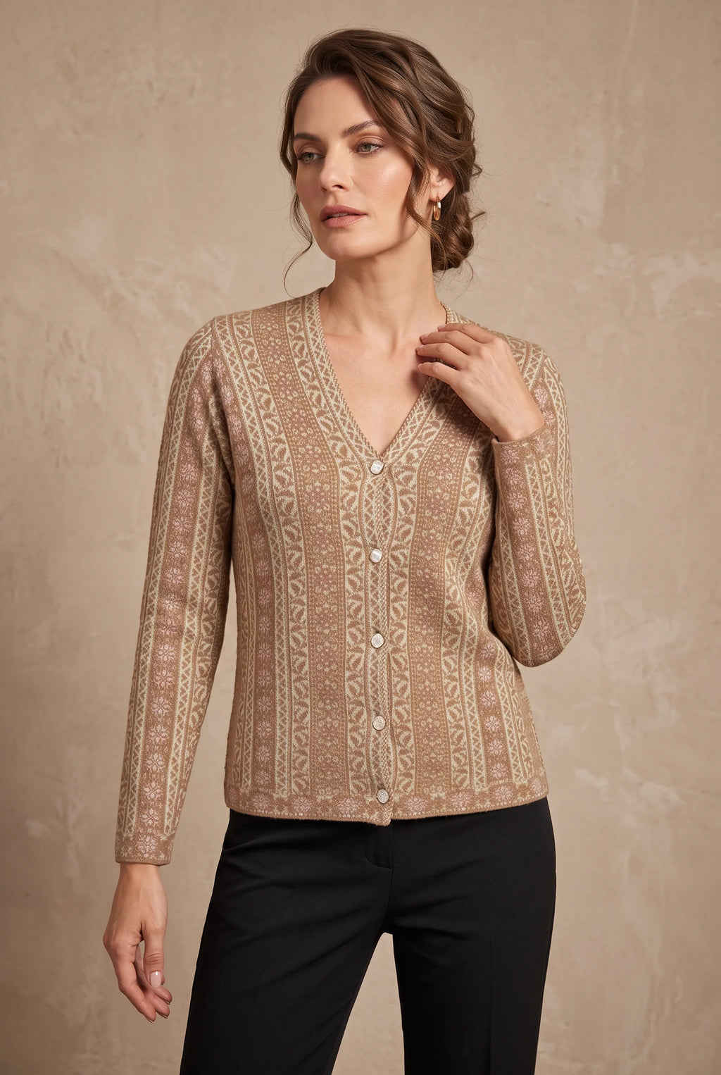Beige Jacquard Knitted Cardigan 4
