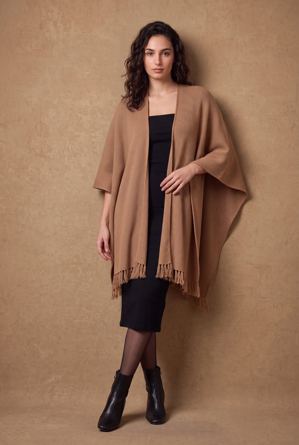 Lachi Women's Camel Ribbed Knit Tasseled Poncho Cape